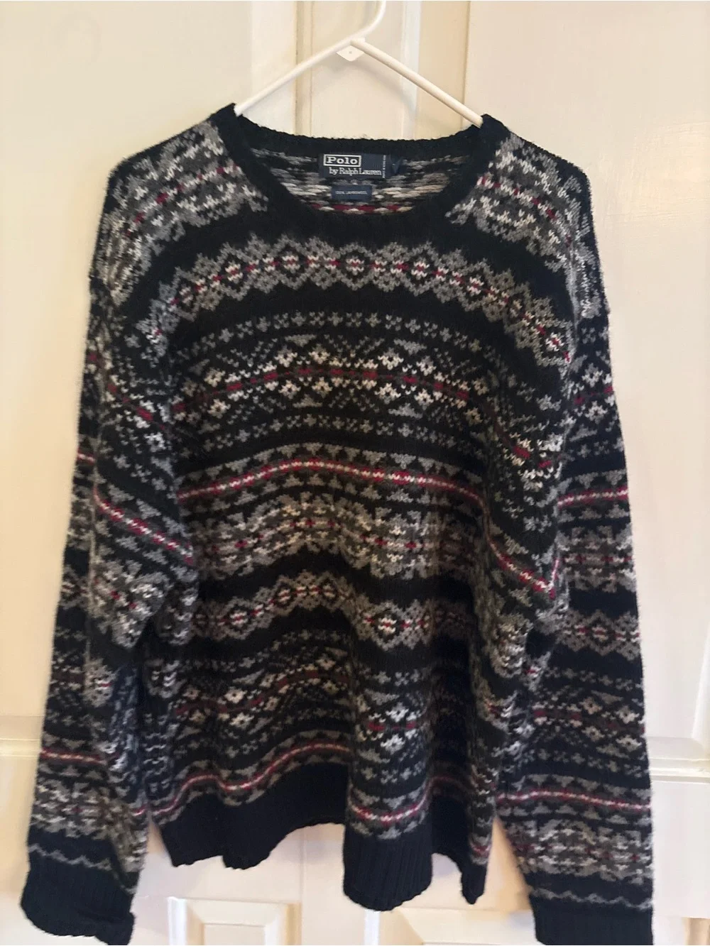 90s Polo Ralph Lauren Fair Isle Knit Sweater Black Grey Red Men’s XXL  Lambswool